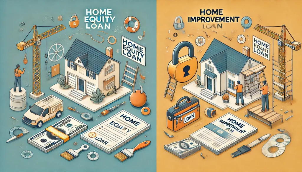 An illustration comparing a home equity loan and a home improvement loan. The image should be split into two halves. On the left, depict a home equity