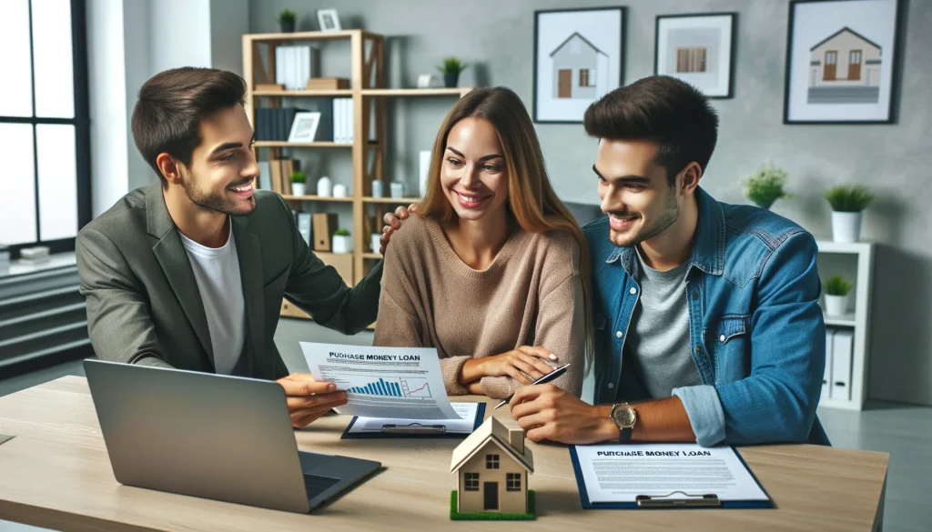 A happy couple sitting with a real estate agent in a modern office. The real estate agent is showing them some documents related to a purchase money loan